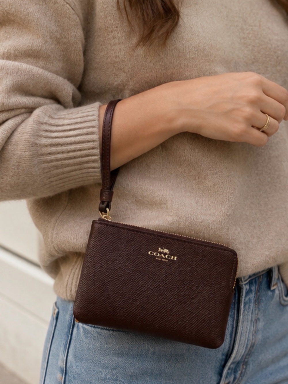 Coach Brown Pebbled Leather Wristlet 6” x 4.25” Gold Hardware
